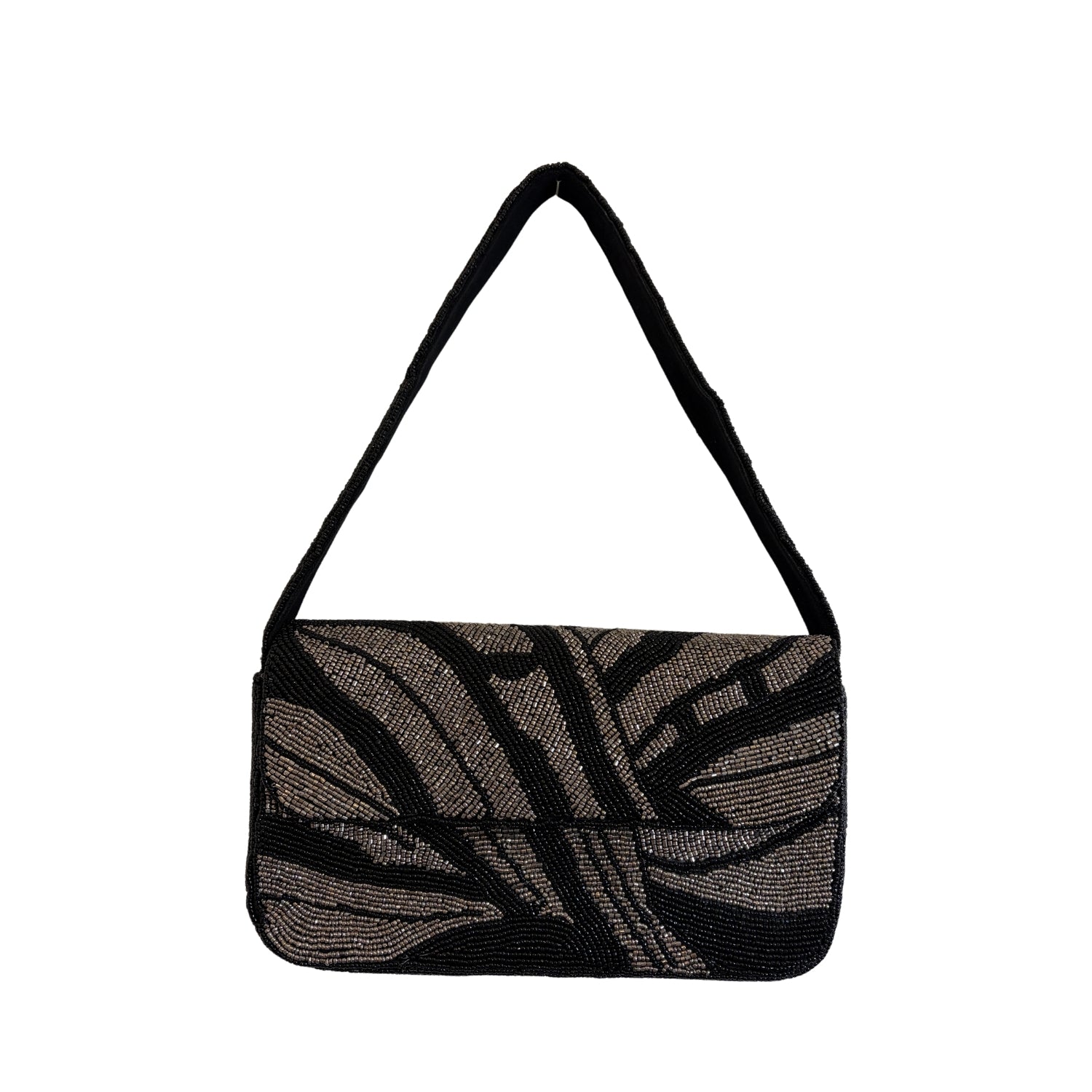 Black beaded handbag with leaf pattern 