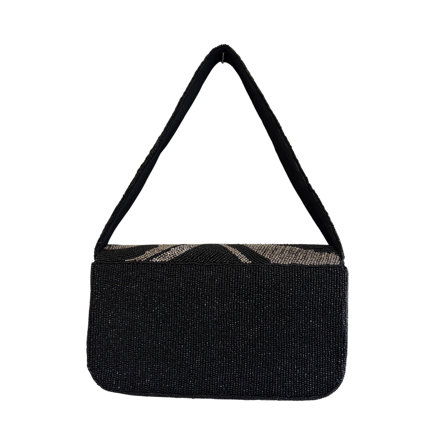 Black handbag with a strap on a white background