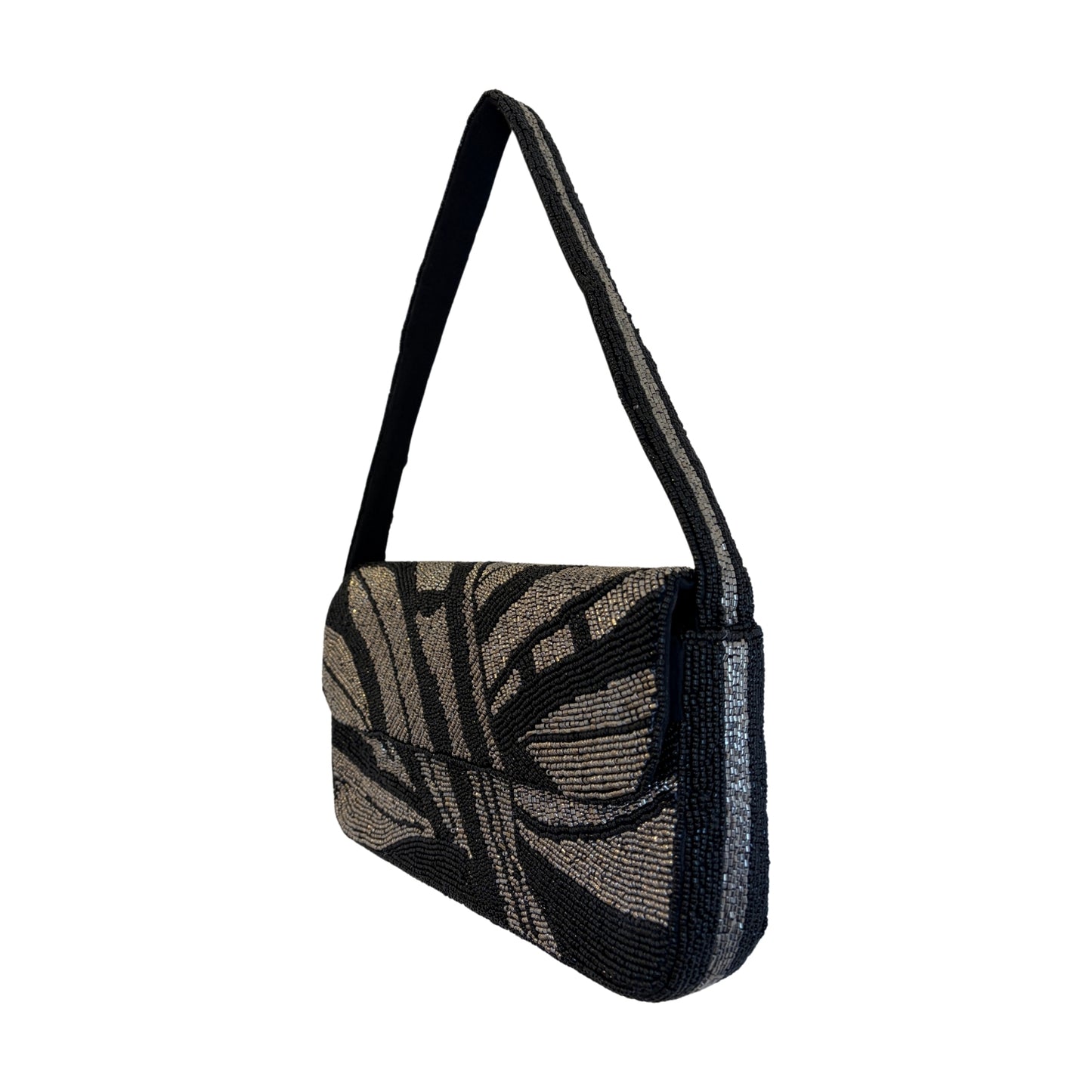 Black and gray patterned handbag with a strap on a white background