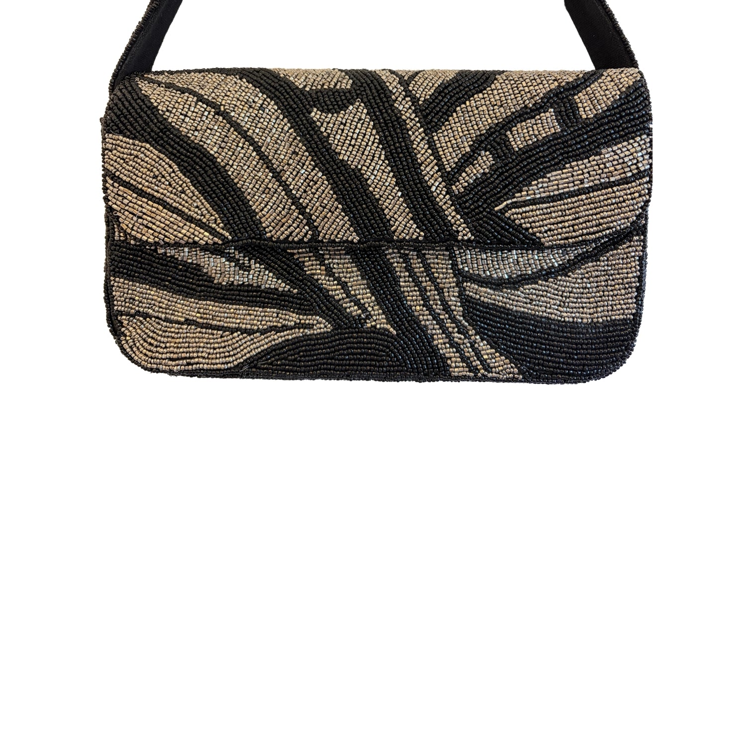 Black and gold beaded clutch bag on a white background