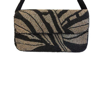 Black and gold beaded clutch bag on a white background