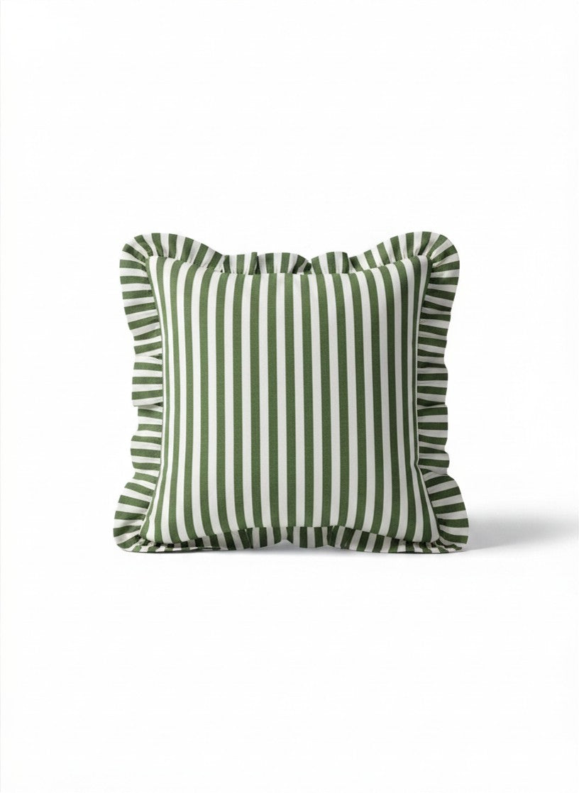 Pair of Hand Block Print Checkerboard Ruffle Cushion Cover - Green