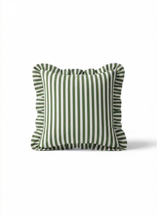 Pair of Hand Block Print Checkerboard Ruffle Cushion Cover - Green