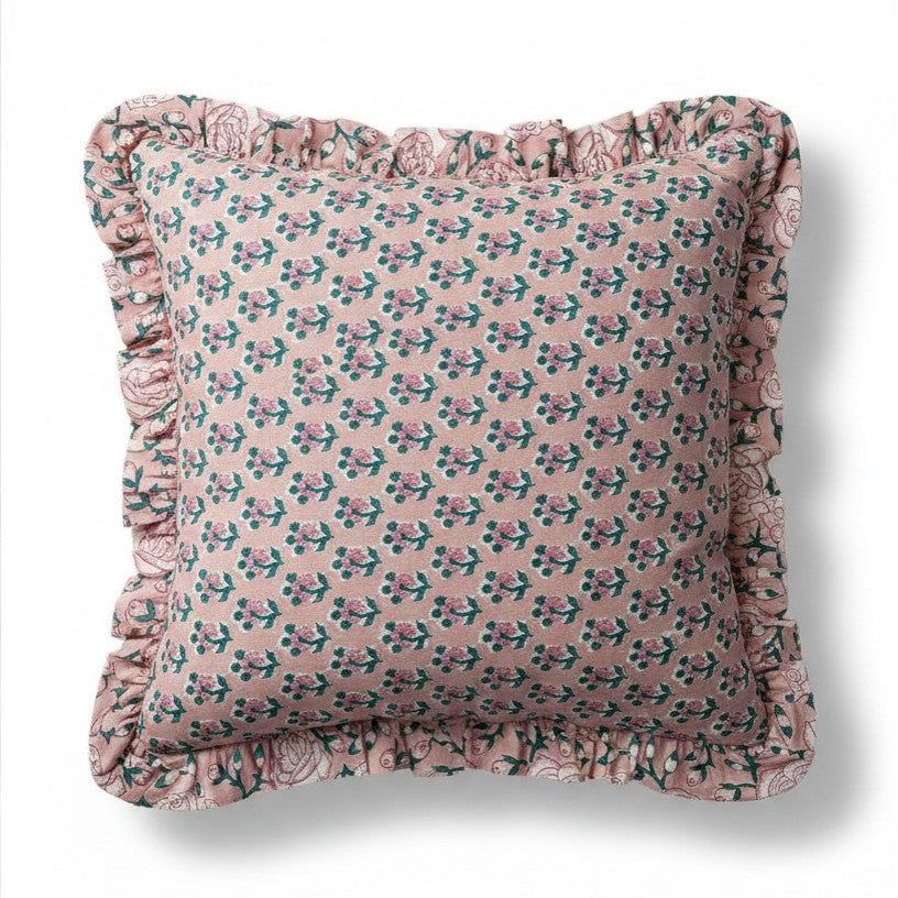 Pink Floral Ruffle Cushion Cover
