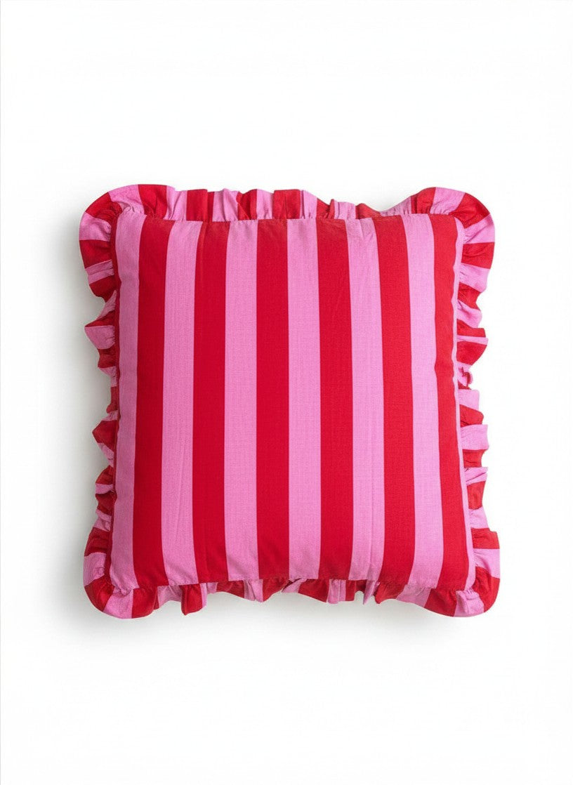 Red & Pink Striped Ruffle Cushion COVER