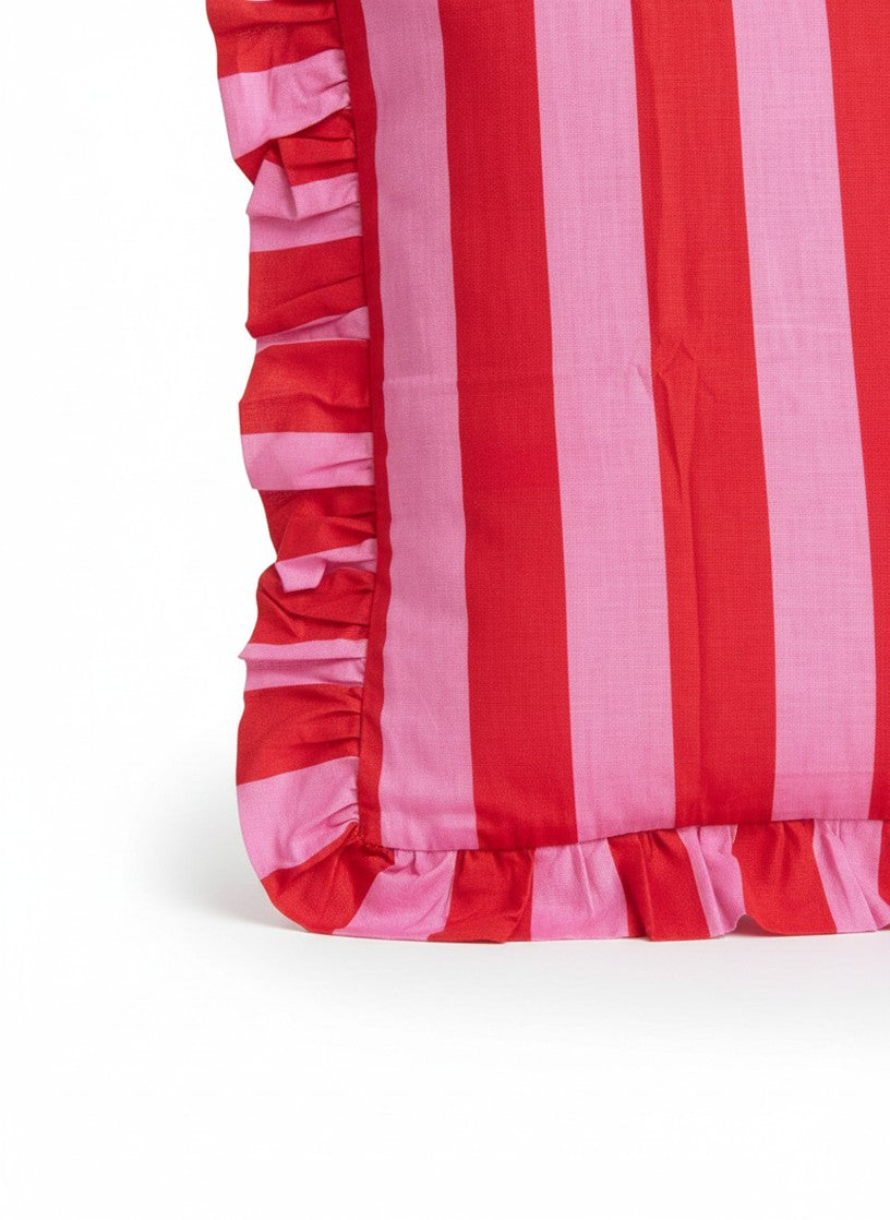 Red & Pink Striped Ruffle Cushion COVER