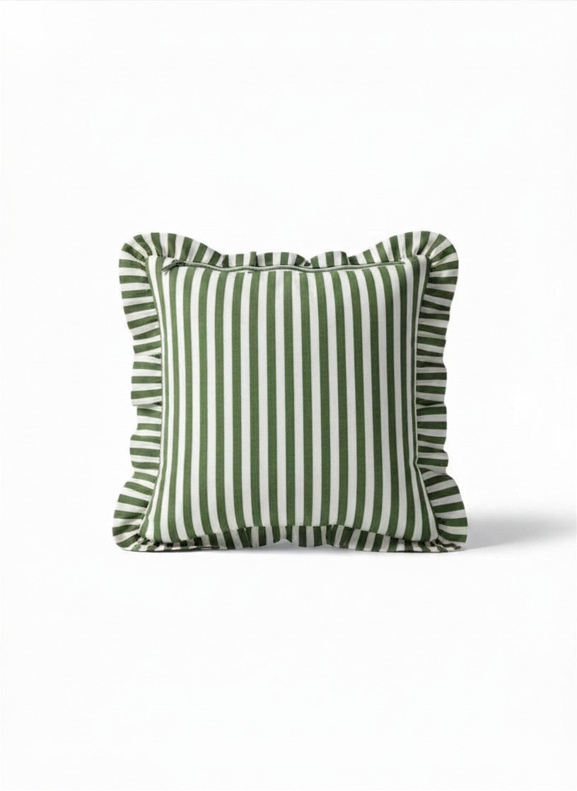 Pair of Hand Block Print Checkerboard Ruffle Cushion Cover - Green