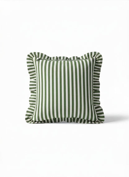 Pair of Hand Block Print Checkerboard Ruffle Cushion Cover - Green
