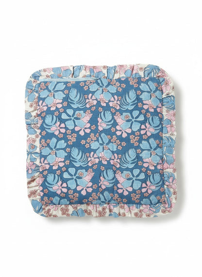 Blue & Pink Floral Ruffle Cotton Cushion Cover