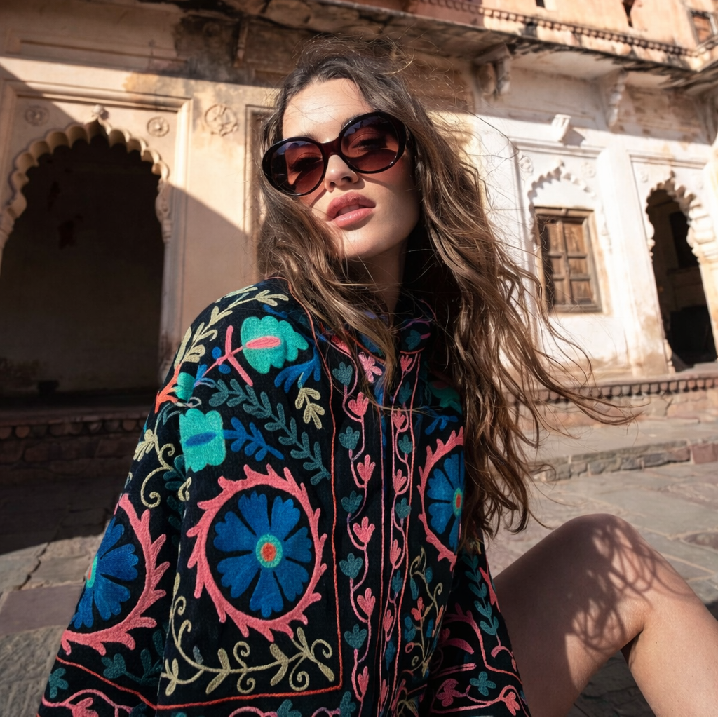 Woman wearing a colorful embroidered jacket in front of an architectural building.