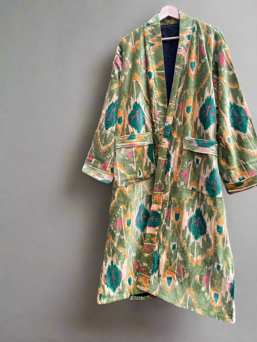 Women’s Velvet Ikat Print Kimono Robe Green 